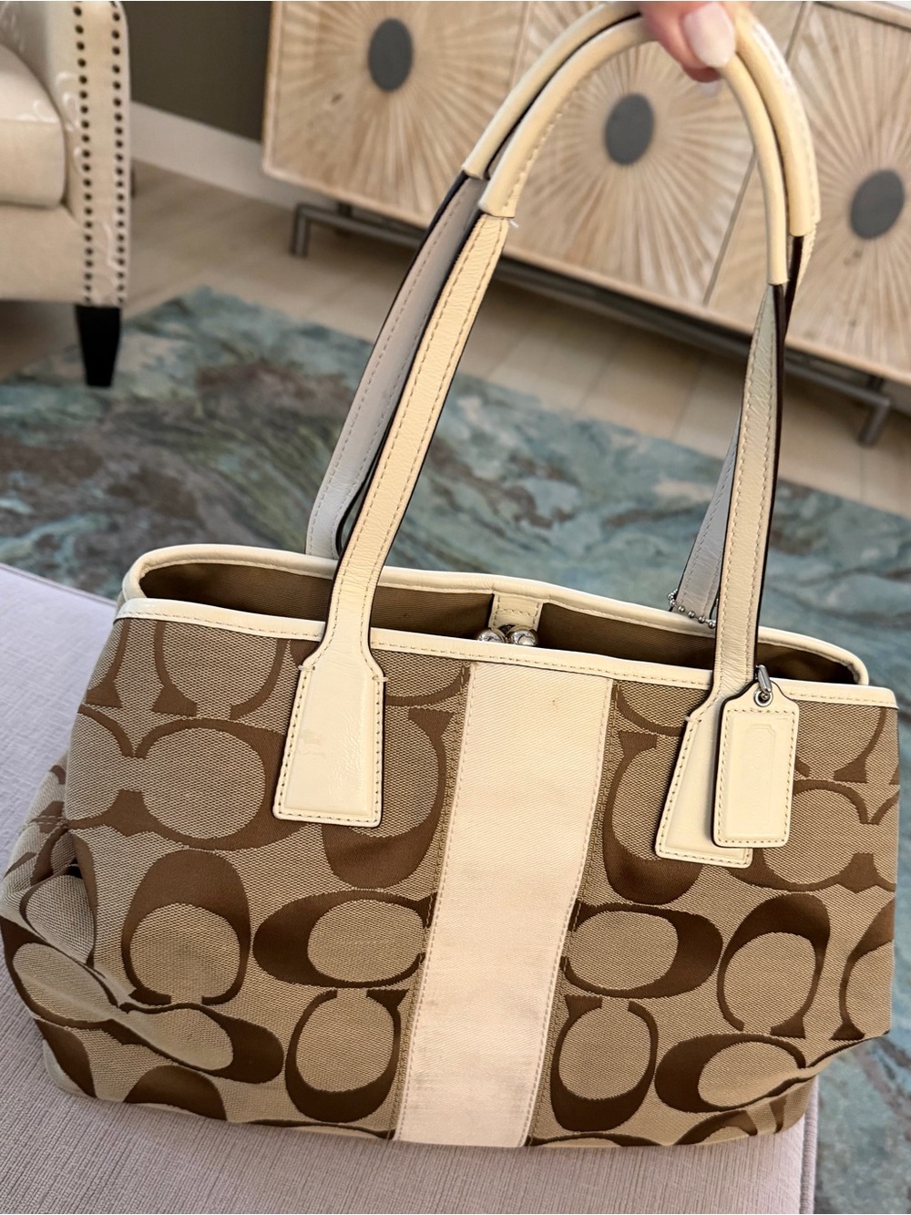 COACH Signature Brown & Cream Kiss-Lock Tote Bag | Vintage/Y2K | Excellent Condi